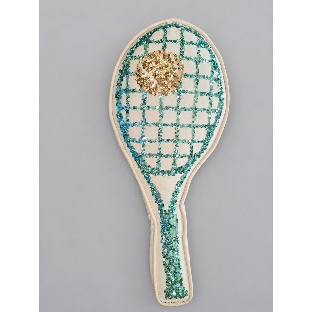 Pottery Barn Teen Tennis Racket Shaped Pillow Teal Gold Sequins Cream Decor